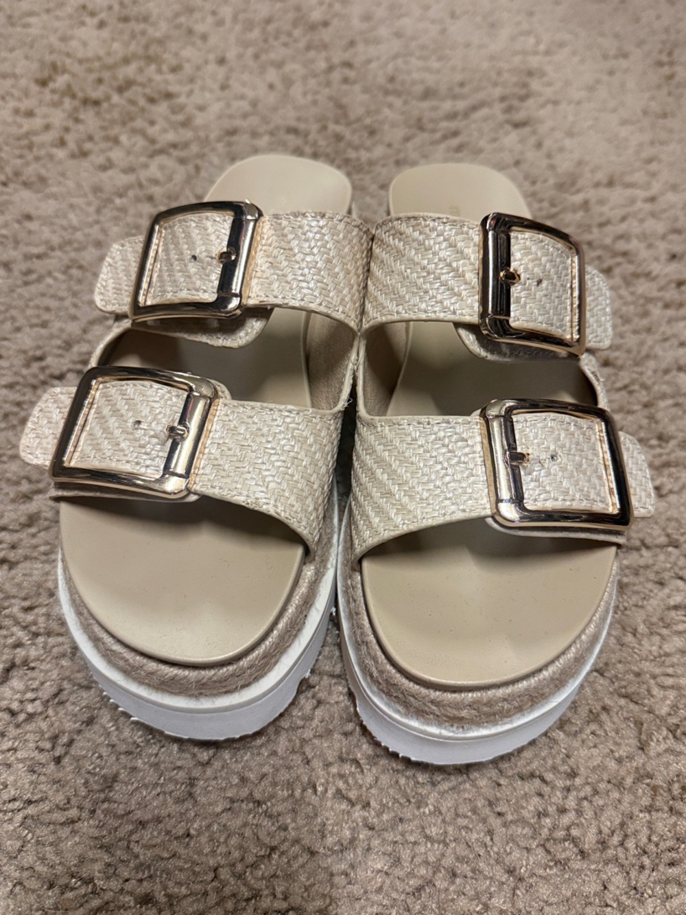 Madden Girl Natural Beige Woven Double Buckle Platform Slides